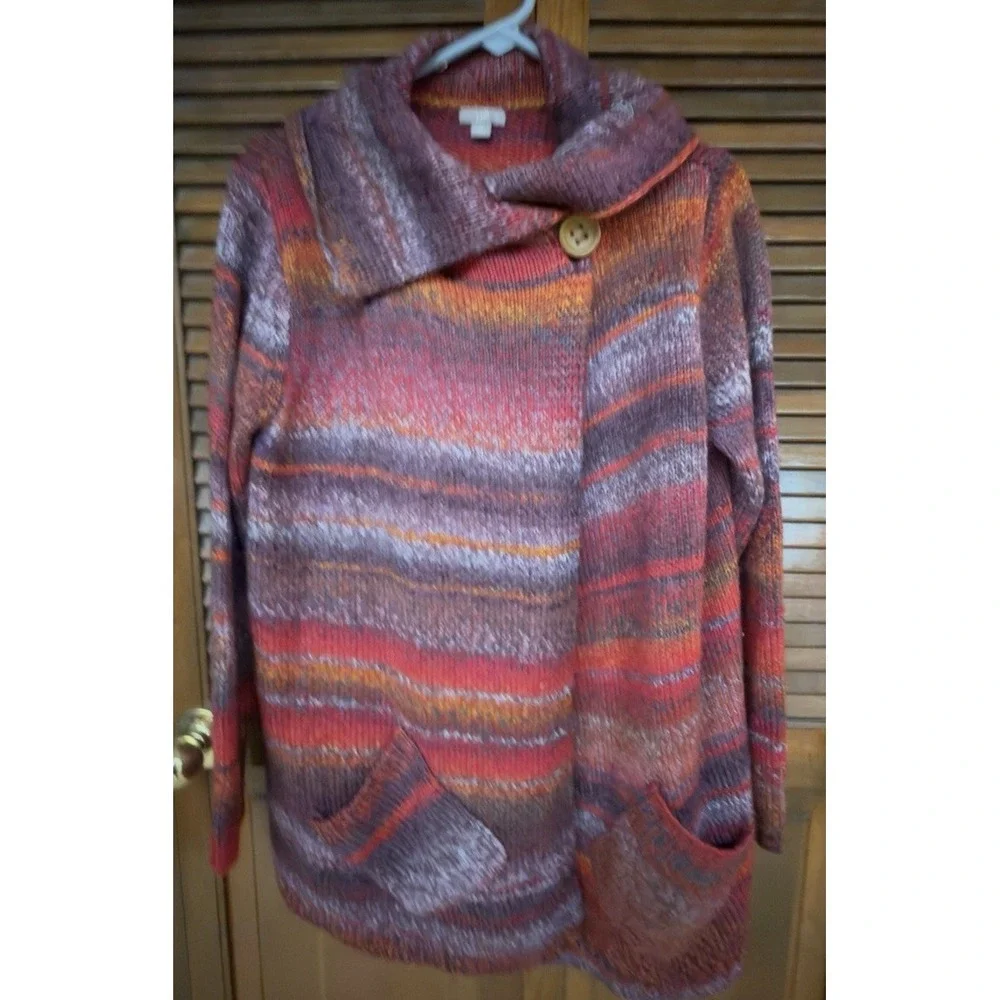 J.Jill Sweater Coat M Wool Blend Multicolor Boho Space Dye Shawl Collar Cardigan